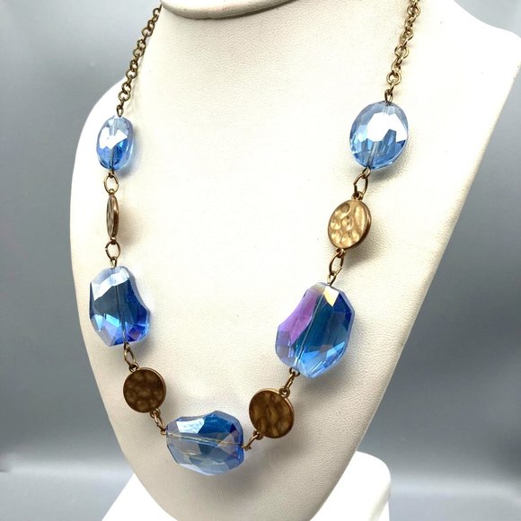 Vintage Sparkling Blue Crystal Necklace with Gold Tone Hammered Discs, Retro - Picture 3 of 4